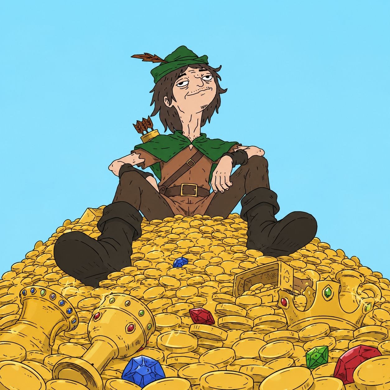 Vladhood sitting on a huge pile of gold coins